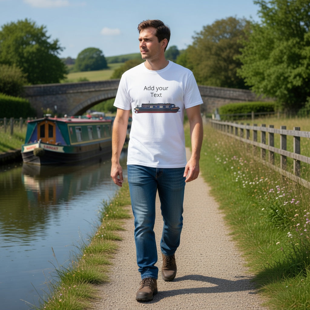 Man walking along a path by a canal with a boat in the background wearing a personalised narrow boat T-shirt fat Boris store