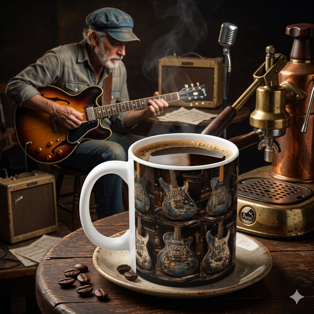 Man playing guitar with a coffee mug featuring blues guitar designs on a wooden table.