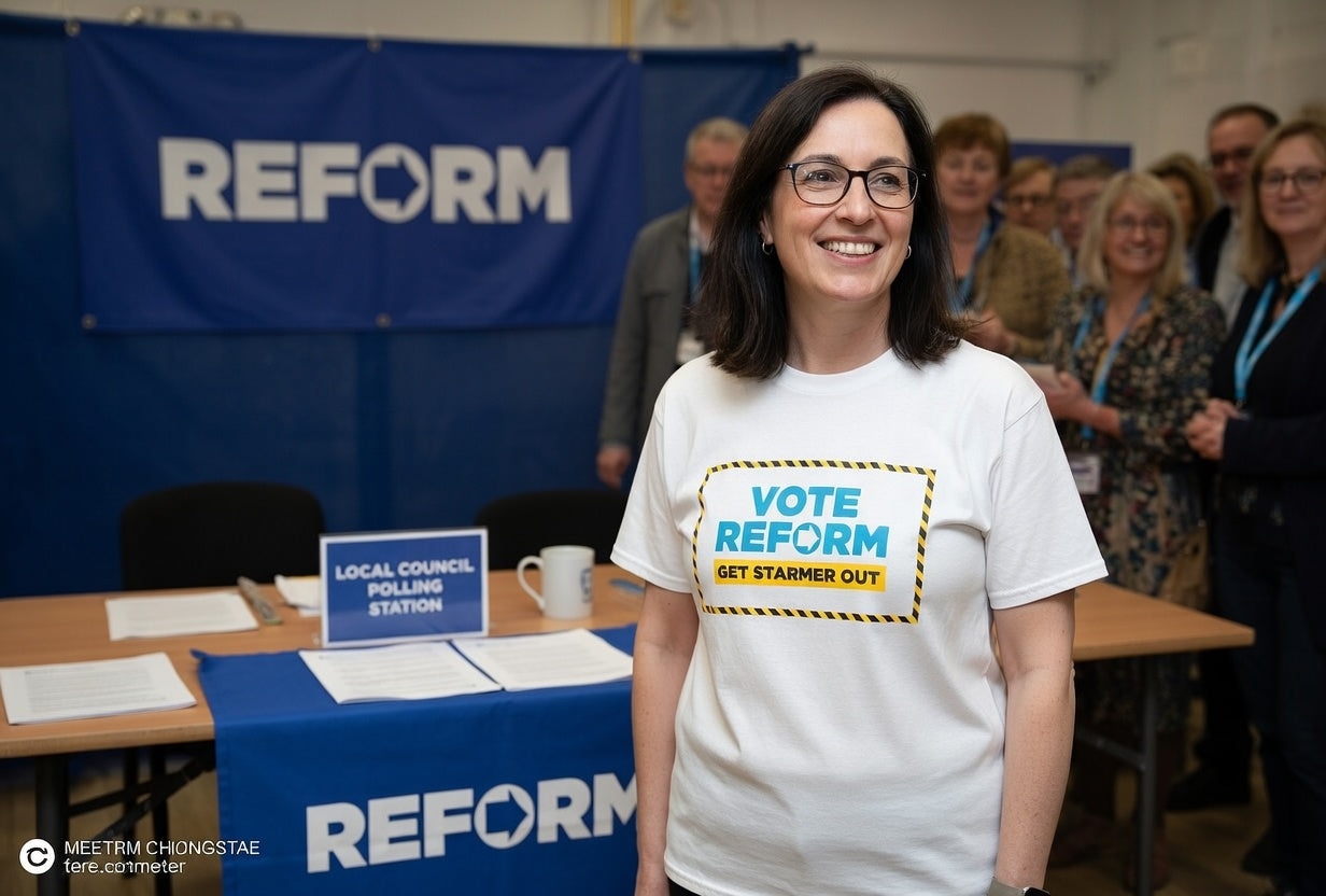 Person wearing a 'Vote Reform' t-shirt at a polling station with 'REFORM' branding.