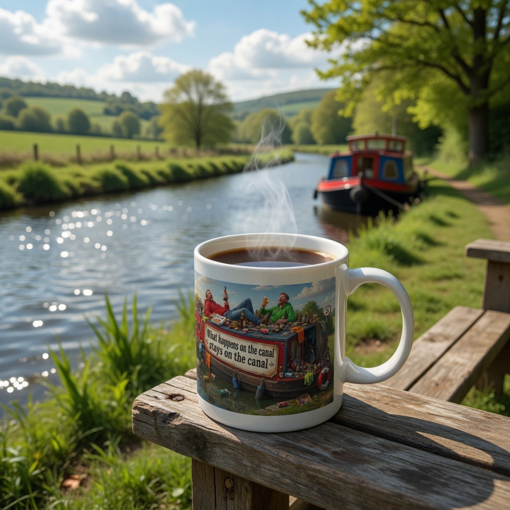 Steaming coffee mug with a scenic design on a wooden bench by a canal with a boat. with graphic beer humour design