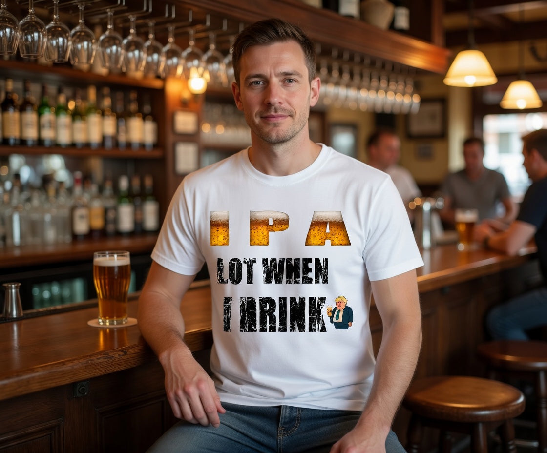Man wearing a white t-shirt with a humorous I P A beer-themed design in a bar setting.