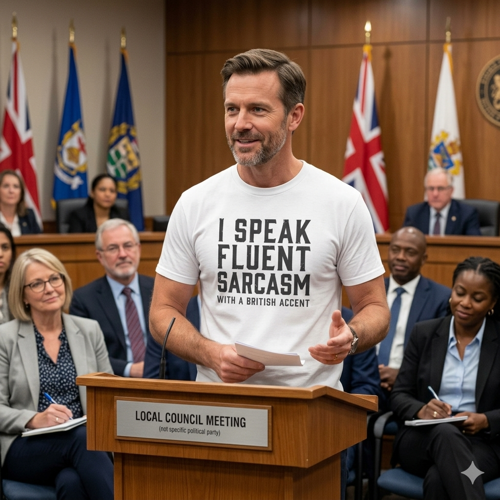 Man in a white t-shirt with humorous text   white t shirt graphic i speak fluent sarcasm at a local council meeting