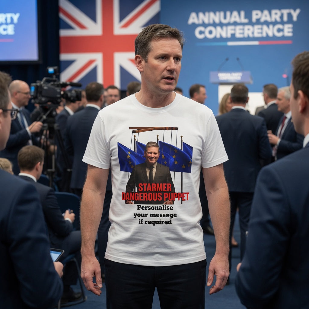 Man wearing a t-shirt with a kier Starmer Brussels puppet graphic and text at a conference with a British flag in the background.