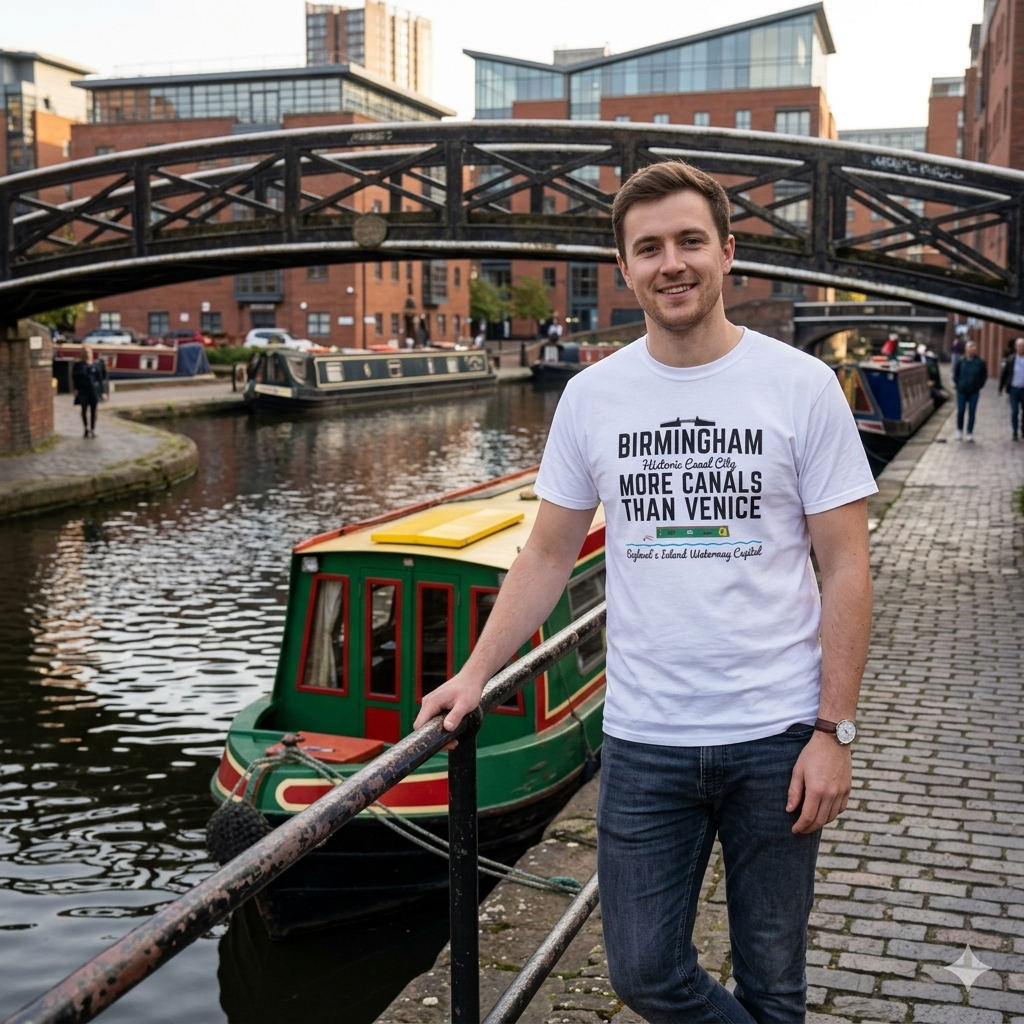Man wearing a t-shirt with a Birmingham has more canals than Venice canal-themed design by a canal with boats and a bridge.