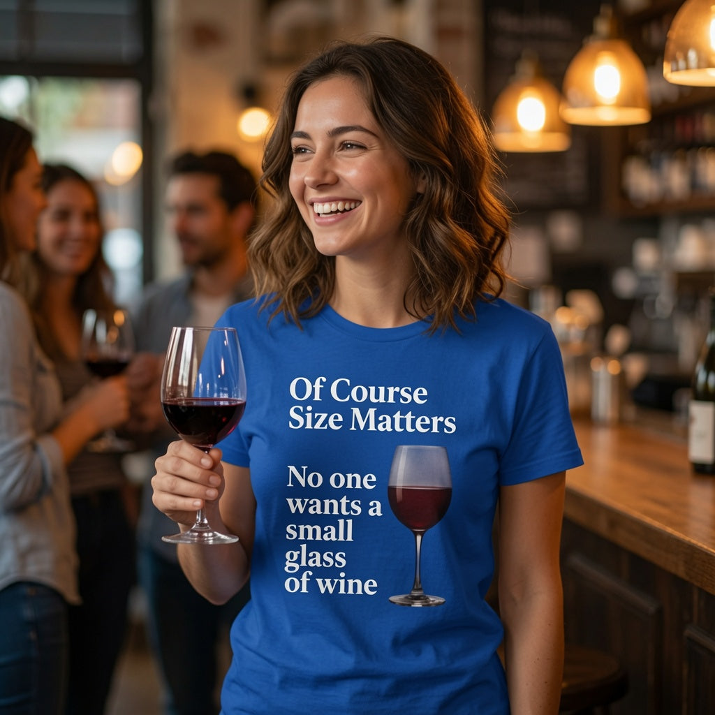 Funny  Gildan Softstyle wine t-shirt saying "Of Course Size Matters No one wants a small glass of wine" with red wine glass graphic