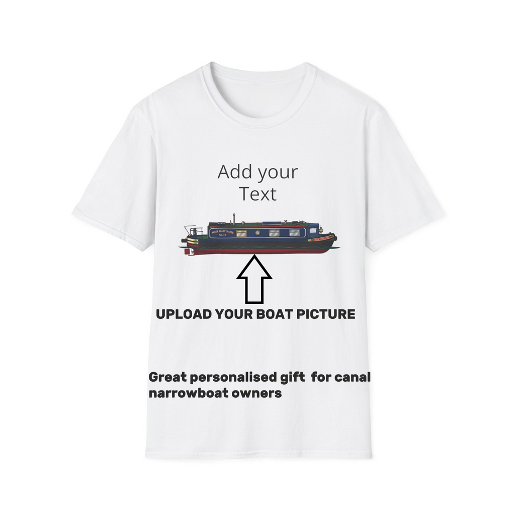 White t-shirt with graphic of a canal narrowboat and text for personalisation on a white background